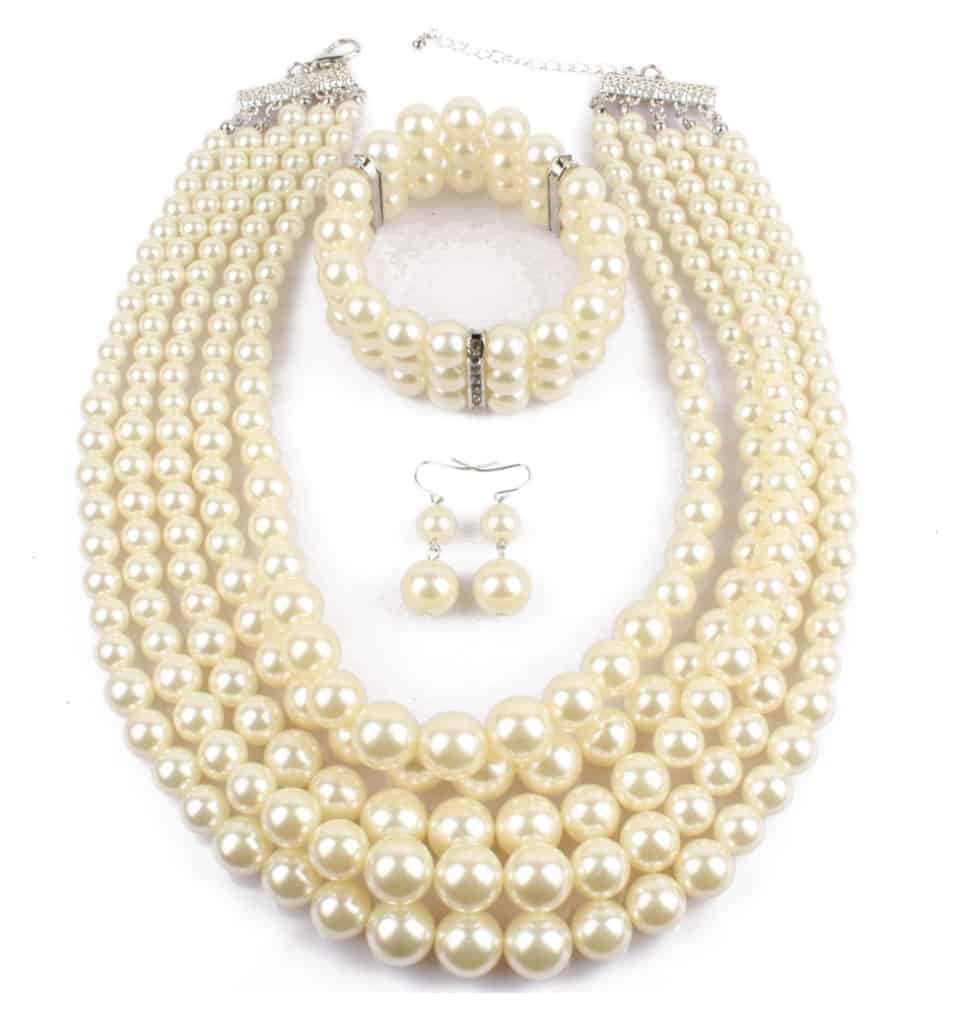 TMISHION Collar de Perlas de imitación para Mujer Conjunto de Pendientes de joyería Nupcial con Regalo de joyería de Diamantes de imitación para Boda/Fiesta para Mujeres.