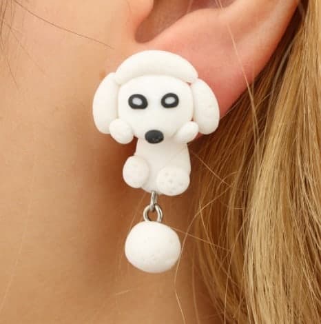 handmade polymer clay 3D Animal earrings (white dog) 