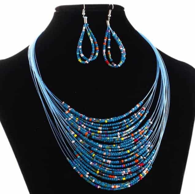 Women's Fashion Multi-layer fishing line seeds necklace+earrings set  necklace,blue 