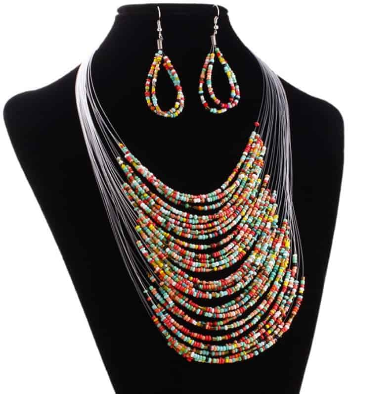Women's Fashion Multi-layer fishing line seeds necklace+earrings set  necklace,colorful 