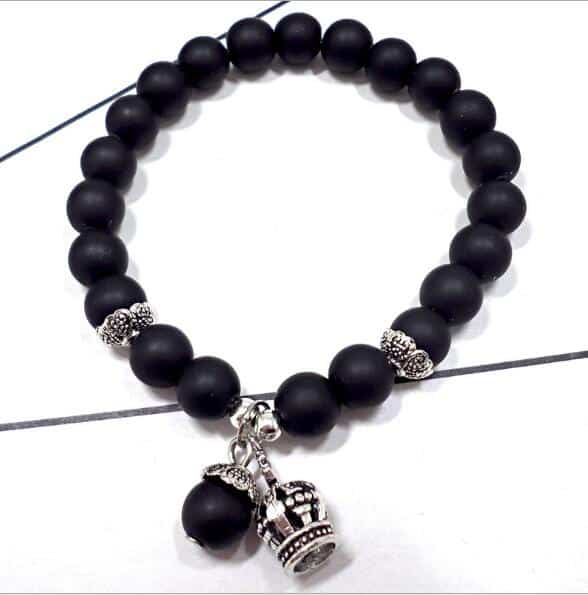 Men's Natural Agate Gemstone and Blackstone Beaded Stretch Bracelet Stackable 