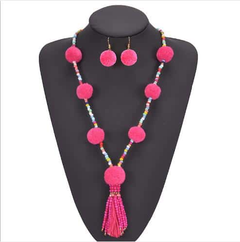 Fashion Pom Earrings Colorful Beads Tassel Long Statement Necklace Jewelry Set