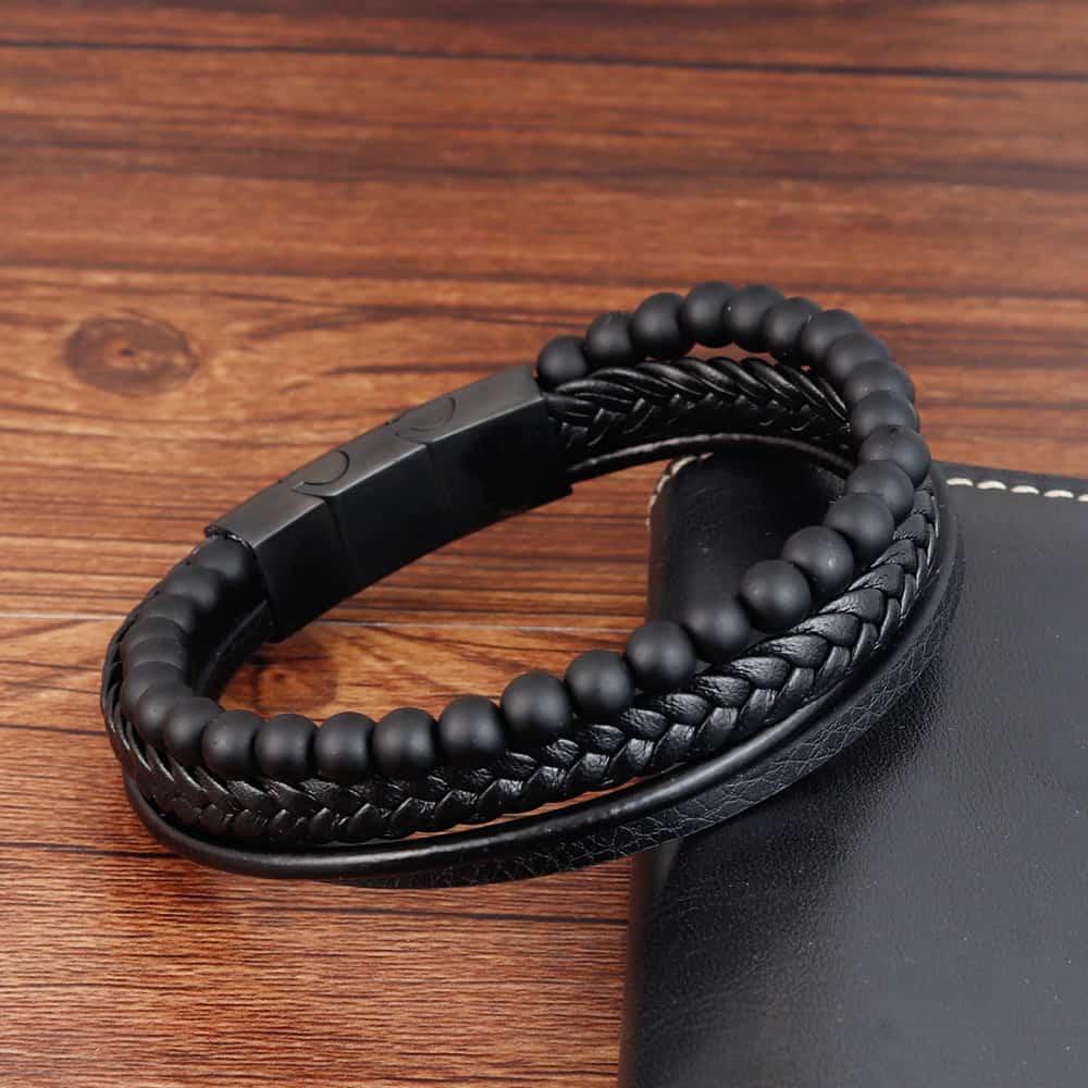 Natural gemstone volcanic stone Stainless steel leather braided ...